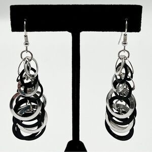 Black & Silver Tone Retro Multi Graduated Hoop Hook Dangle Pierced Earrings